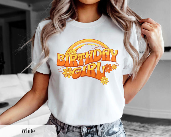 Birthday Girl T-Shirt Retro Rainbow & Flowers Tee