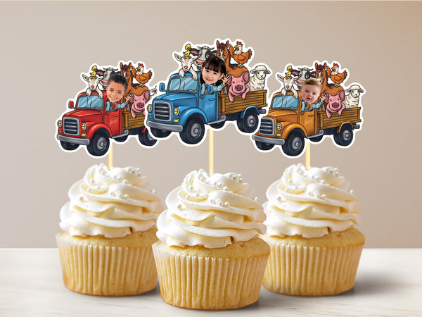 Blue Farm Truck Personalized Face Cupcake Toppers