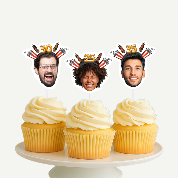 Adult Birthday Hat Personalized Face Stick Cupcake Toppers