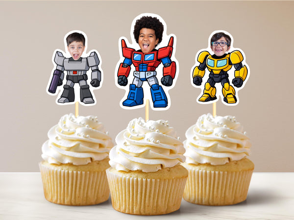 Transformers Cupcake Toppers Personalized Robot Birthday Decor for Boys and Girls Autobots Party Theme Custom Face for Robot Lovers Kids