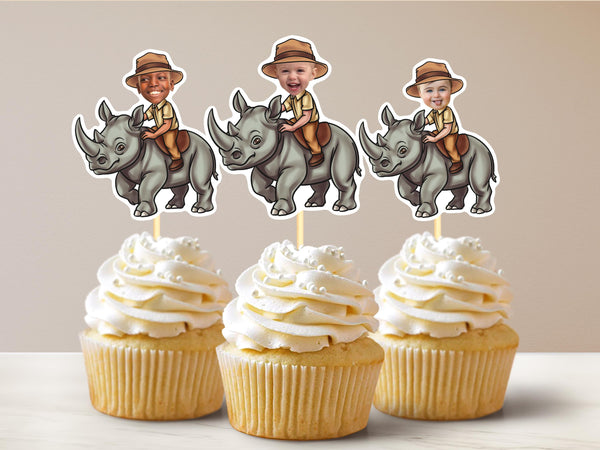Safari Rhino Personalized Face Cupcake Toppers