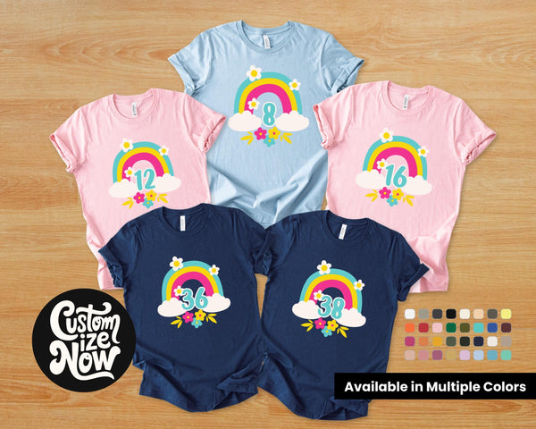 Rainbow Birthday Shirt Custom Age Tee for Kids