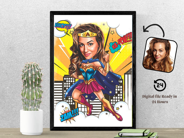 Custom Hero Woman Caricature Portrait Personalized Super Heroic Caricature Drawing