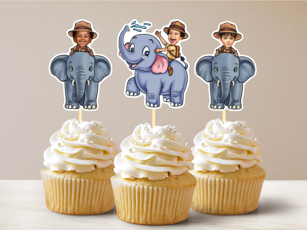 Safari Elephant Personalized Face Cupcake Toppers