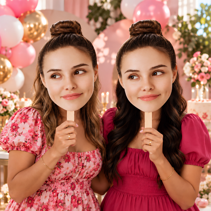 Two friends holding custom big head cutouts on a stick at a pink and gold balloon party