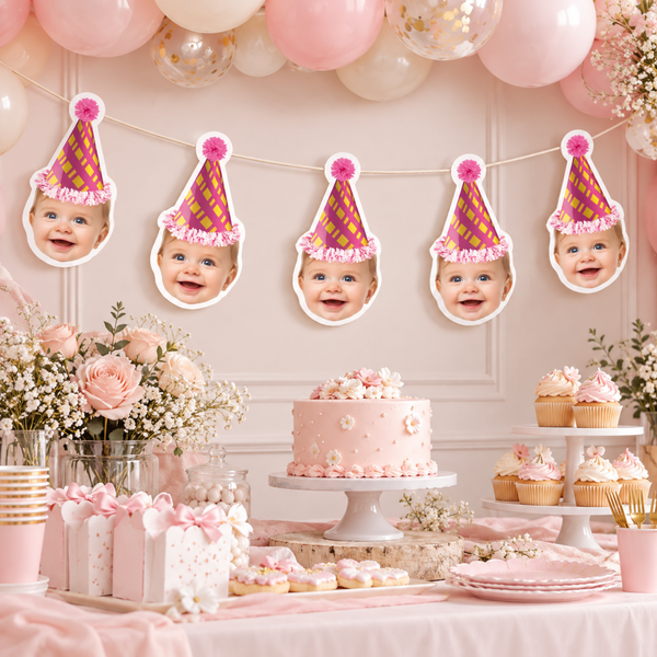 Personalized photo birthday banner with baby faces in pink party hats hung above a pink dessert table with cake and cupcakes