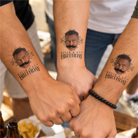 Three friends showing matching custom face tattoos on their forearms as birthday party favors