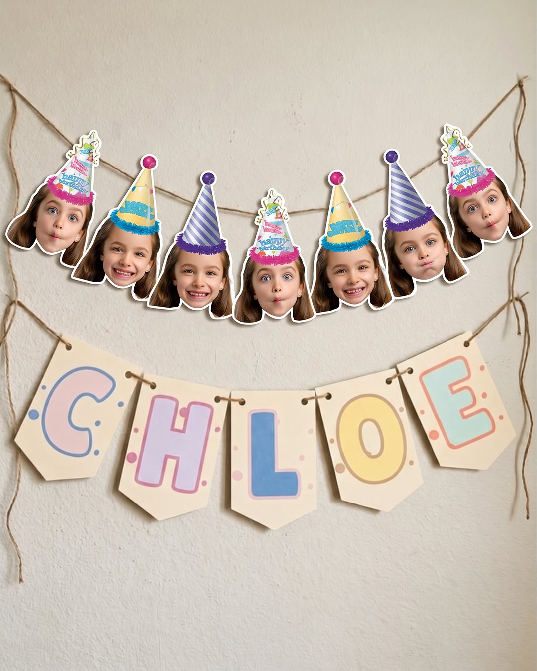 Custom face party hat bunting with matching name pennant banner