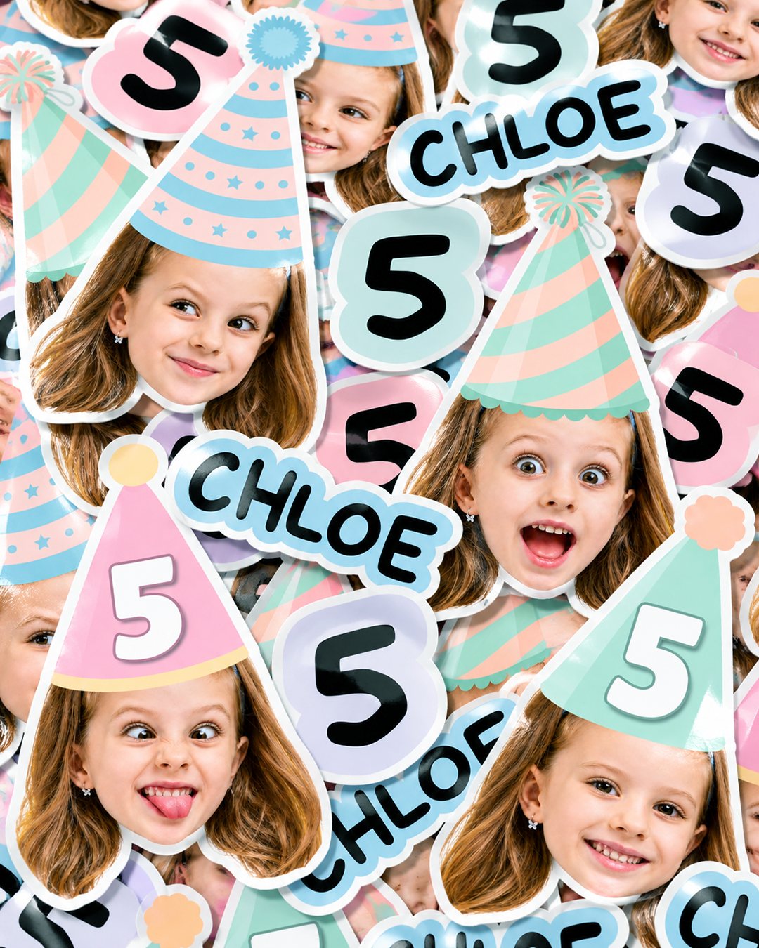 Custom face confetti with party hats, number and name pieces