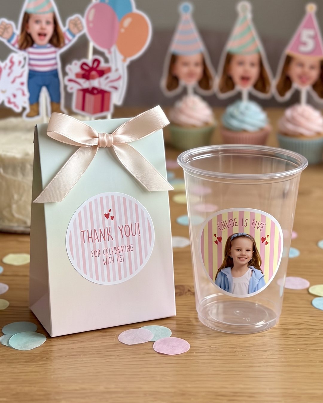 Personalized favor bag with thank-you sticker and party cup with face sticker