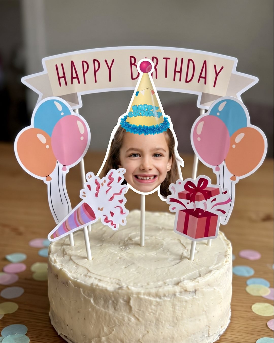 Personalized Happy Birthday cake topper with face and balloons on a cake