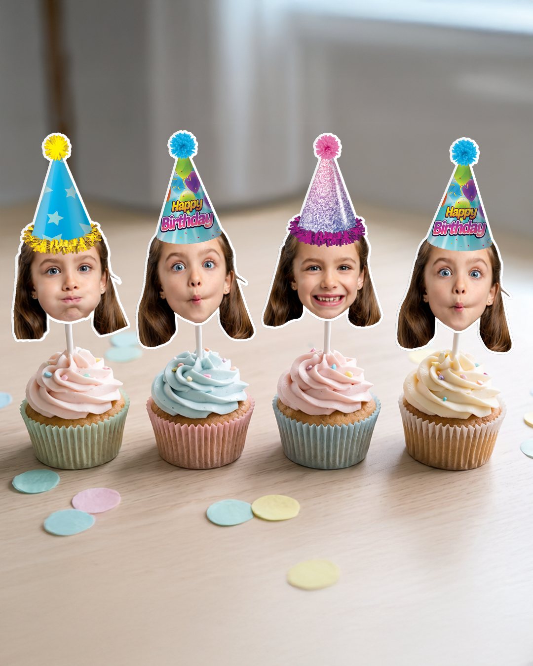 Face cupcake toppers with party hats on pastel cupcakes