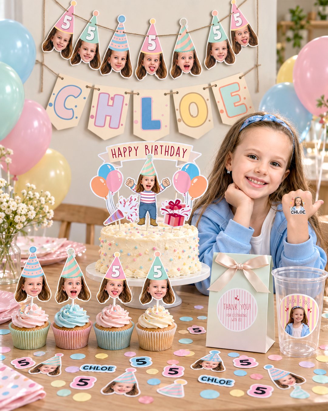 Face Party Box set up at a birthday party with a child and the full table of personalized decorations