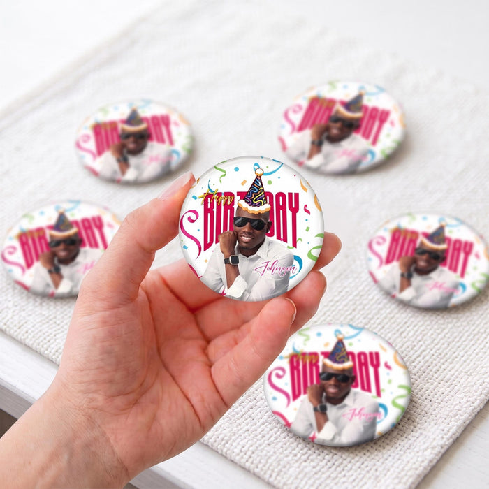 Custom photo button pins for birthday party favors