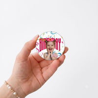 2.25 inch personalized birthday pin with name and age