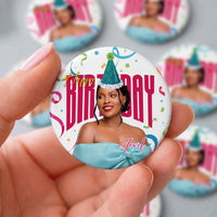 Custom photo birthday pins, personalized party favor badges