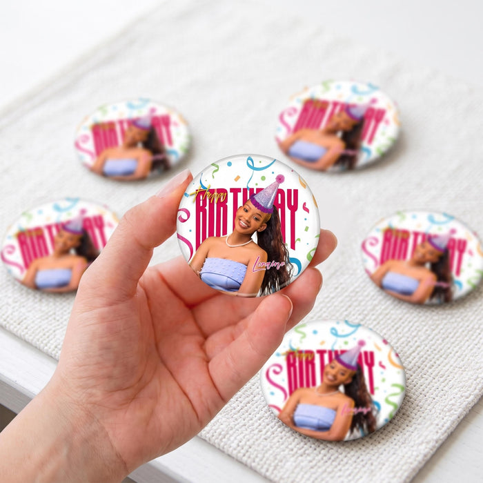 Personalized birthday button pins with a custom face photo
