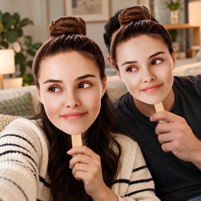 Couple on a sofa holding personalized big head face cutouts on wooden sticks
